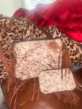 Fringed Cowhide Crossbody Bag with Matching Pouch - Brown and Cream